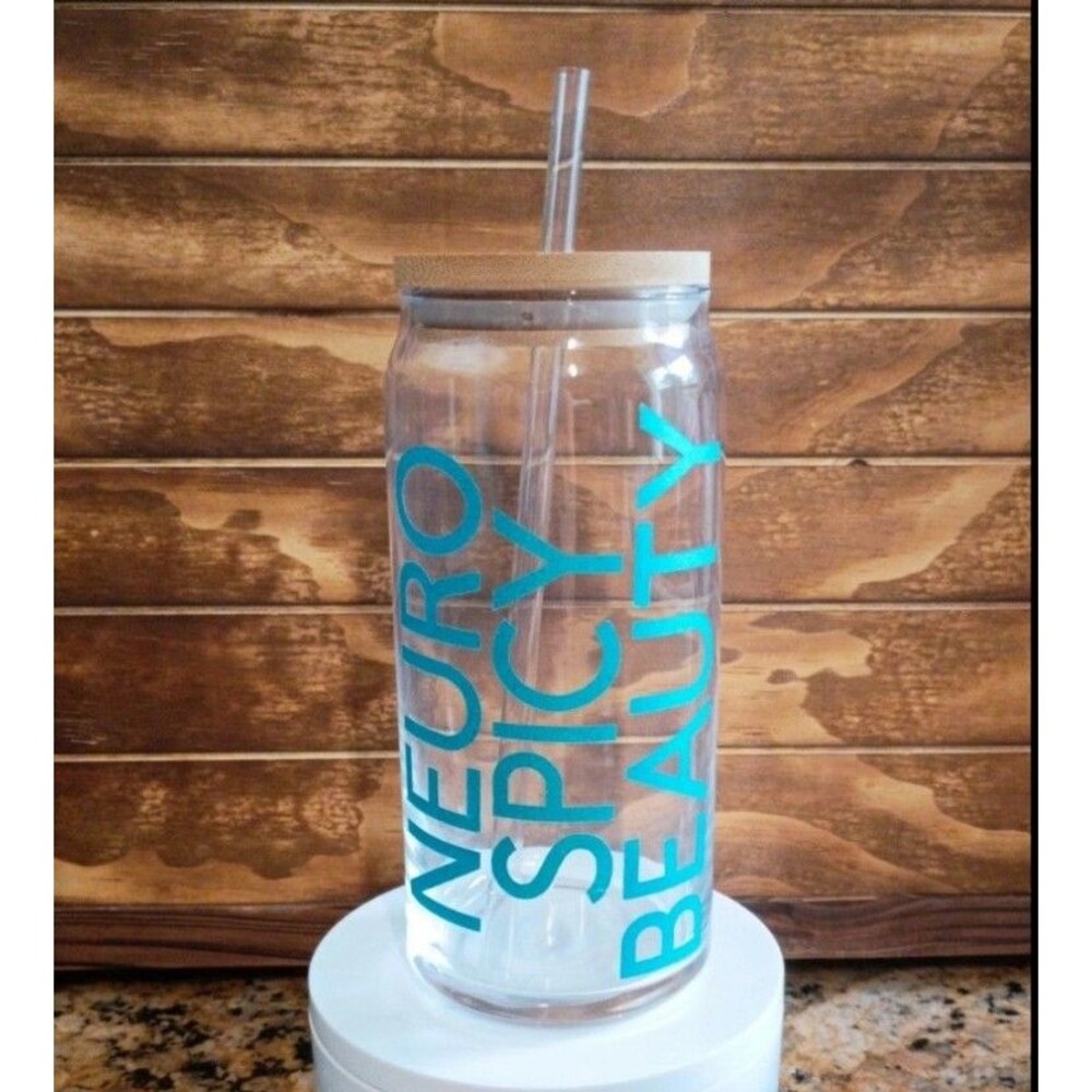 Neuro Spicy Beauty 20oz Glass Can Cup Neurodivergent ADHD Autism ASD bamboo lid